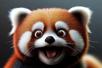 Obraz premium A cheerful red panda expresses joy in a close-up view, showcasing vibrant fur patterns and sparkling eyes in a captivating portrait set against a soft background