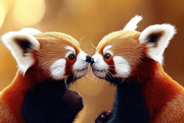 Obraz premium Adorable red pandas share a tender moment in a warm, sunlit forest during a serene afternoon