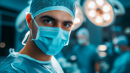 Intense portrait of a surgeon in an operating theatre, illustrating the precision and dedication required in the field of surgery
