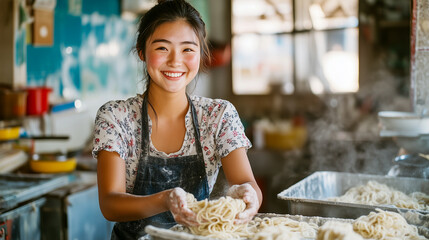 Asian woman expertly crafting handmade noodles in a restaurant, showcasing traditional culinary skills and dedication