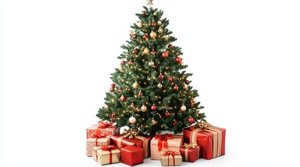 Christmas tree decorated with New Year's gifts, isolated on a white background.