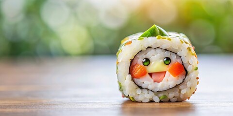 Adorable of a cute sushi roll, kawaii, sushi, Japanese, food, cartoon, character, cute, smiling, happy, colorful, delicious