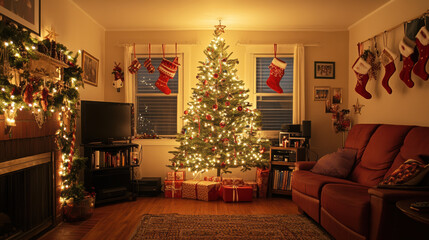 cozy living room adorned with festive Christmas decorations, featuring beautifully lit tree, stockings hung with care, and wrapped gifts, creating warm holiday atmosphere