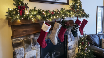 Cozy Christmas stockings hang from beautifully decorated mantel adorned with pine garlands and twinkling lights, creating warm holiday atmosphere