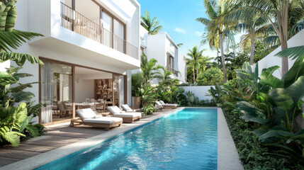 A serene contemporary townhome with beautiful pool surrounded by lush greenery and palm trees, creating tranquil oasis for relaxation and leisure