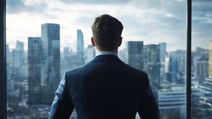 Fototapeta premium Businessman Overlooking City Skyline from Office Window