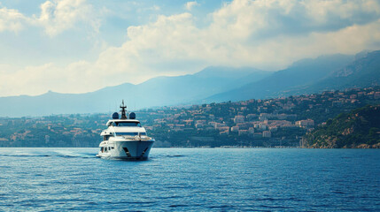 A luxury yacht sails through the clear blue waters with a coastal town and mountains in the background, creating a serene and picturesque scene.
