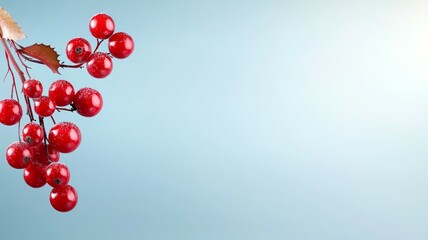 A close up of a red berry bush with a blue background