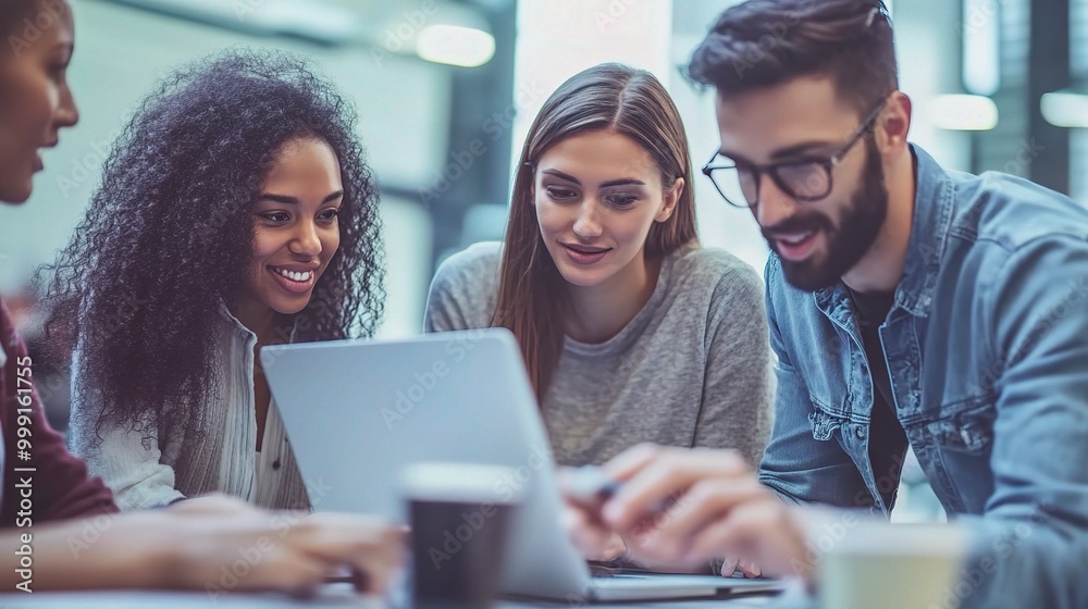 Poster Diverse Group Collaborating on Laptop in Office Setting