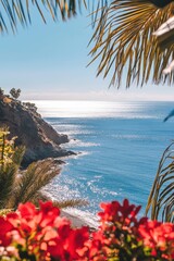 tropical beach paradise with palm trees and flowers