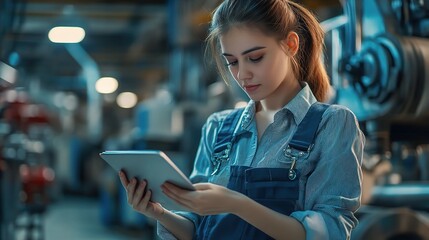 Young Woman Using Tablet in Industrial Setting