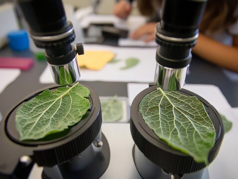 A biology lesson for students focused on plant biology, with hands-on activities like observing leaf structures under microscopes.