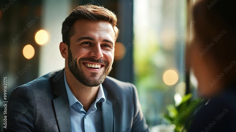 Poster Smiling Businessman in Modern Cafe Setting