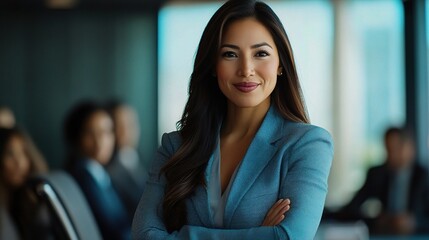 Naklejka premium Confident Businesswoman in Modern Office Setting