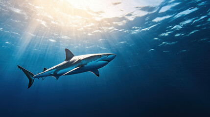 A lone great white shark swims gracefully in the deep blue ocean, with rays of sunlight piercing through the water, creating a dramatic and serene marine scene.