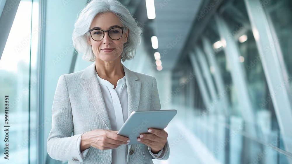 Sticker Professional Woman Using Tablet in Modern Office Environment