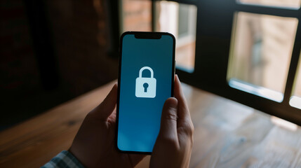 Close-up of smartphone screen with privacy lock icon and hand partially covering it, highlighting the significance of phone security and personal data protection