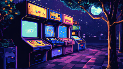 A arcade game theme with pixelated graphics and bright colors. Pixelated Graphics. Illustration