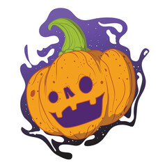 illustration of laughing Halloween pumpkin with purple smoke effect behind it. with white background