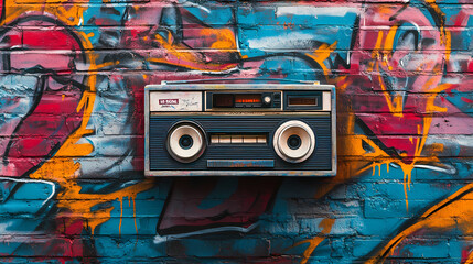 A boombox radio cassette tape recorder set against a vibrant graffiti wall art backdrop, capturing the essence of urban culture and retro music vibes. Graffiti Tags. Illustration