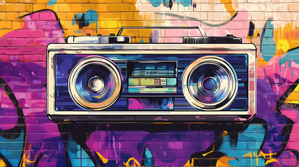 A boombox radio cassette tape recorder set against a vibrant graffiti wall art backdrop, capturing the essence of urban culture and retro music vibes. Graffiti Tags. Illustration
