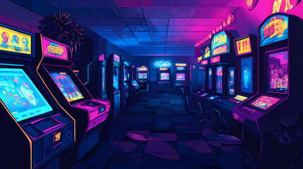 A colorful arcade filled with retro video games and flashing lights, capturing the nostalgia of gaming culture. Retro Illustration