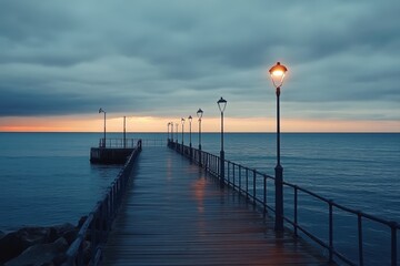 Scenic pier at sunset with dramatic sky