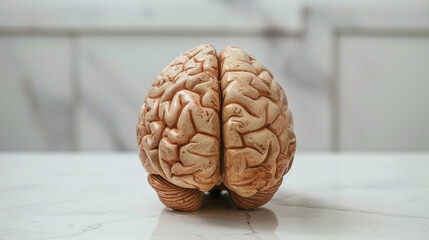 Close-up of a human brain model displaying visible age-related changes, including wrinkles and discoloration, on a white background with ample copy space. Focus on the natural aging