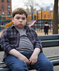 A young obese boy sitting on a park bench, childhood obesity