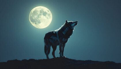 Naklejka premium Wolf Howling at the Full Moon in the Night Sky