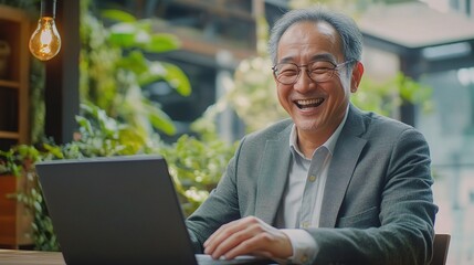 Obraz premium Happy Senior Man Working on Laptop in Green Office Space