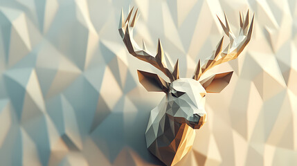 A geometric 3d render presents a deer head on a wall, showcasing the beauty of low poly art. Low Poly Art. Illustration