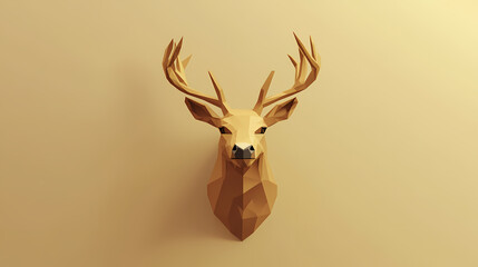 A geometric 3d render presents a deer head on a wall, showcasing the beauty of low poly art. Low Poly Art. Illustration