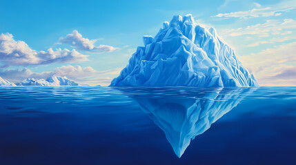 A majestic iceberg floats in the ocean, only a small portion visible above the water. the vastness of the hidden ice below is a powerful reminder of unseen depths. Iceberg. Illustration