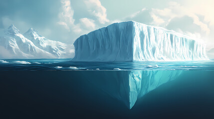 A majestic iceberg floats in the ocean, only a small portion visible above the water. the vastness of the hidden ice below is a powerful reminder of unseen depths. Iceberg. Illustration