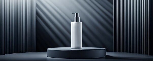A sleek white pump bottle is showcased on a circular platform, illuminated by dramatic lighting against a backdrop of vertical black stripes.