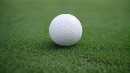 A white golf ball rests on a green grass surface.