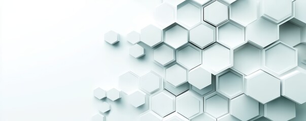 A modern, minimalistic background featuring interlocking hexagonal shapes in a light color scheme.