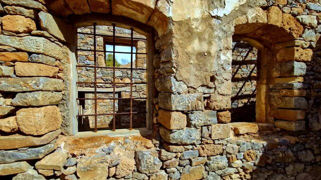 Spinalonga fortress fortification stone wall window in Crete island Greece