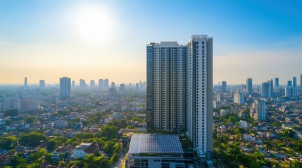 Obraz premium Stunning cityscape with modern skyscrapers and lush greenery