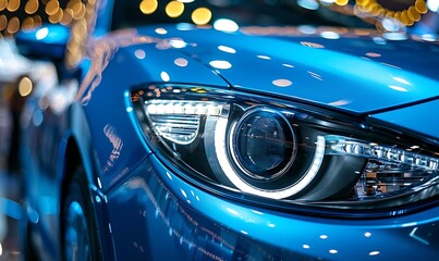 Close up of the headlight of a blue sport car with glowing lights.