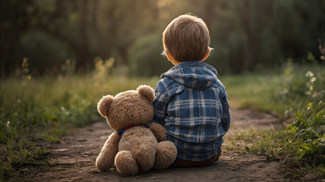 Ni&ntilde;o sentado al aire libre con su osito de peluche