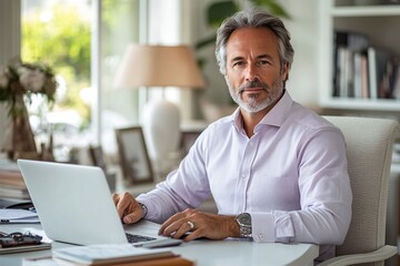 Obraz premium person working on laptop sitting at his desk in a home office, using a laptop computer and working from a modern, luxury house with a bright interior design and natural light coming through the window