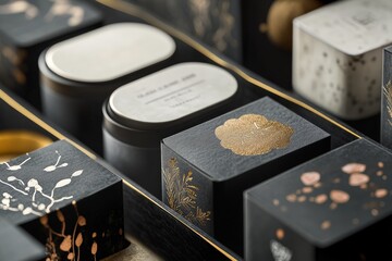 A creative print design project featuring elegant packaging for luxury products, using foil stamping and textured paper.