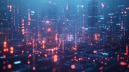 Obraz premium Futuristic Cityscape with Neon Lights and Data Flow