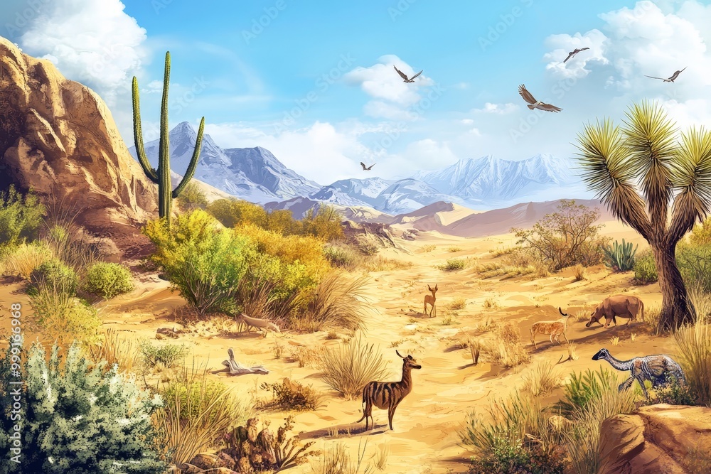 Wall mural a desert ecosystem with various species of plants and animals adapted to survive in harsh, dry condi