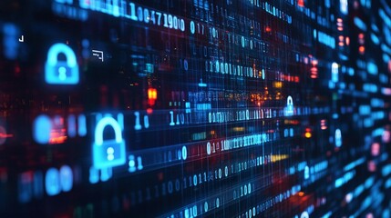 Obraz premium A data breach in progress, with personal information leaking from a computer system, symbolized by falling binary code and alarm icons.