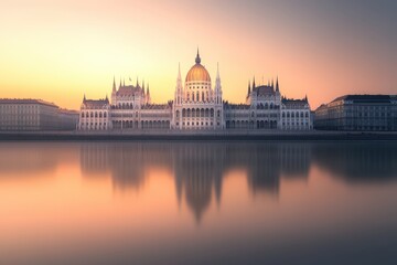 Fototapeta premium Majestic parliament building reflected in calm waters at sunset
