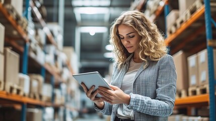 Woman Using Tablet in Warehouse Environment
