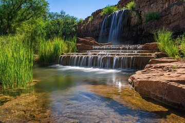 Fototapeta premium Serene waterfall cascading over rocky cliffs into a tranquil pool